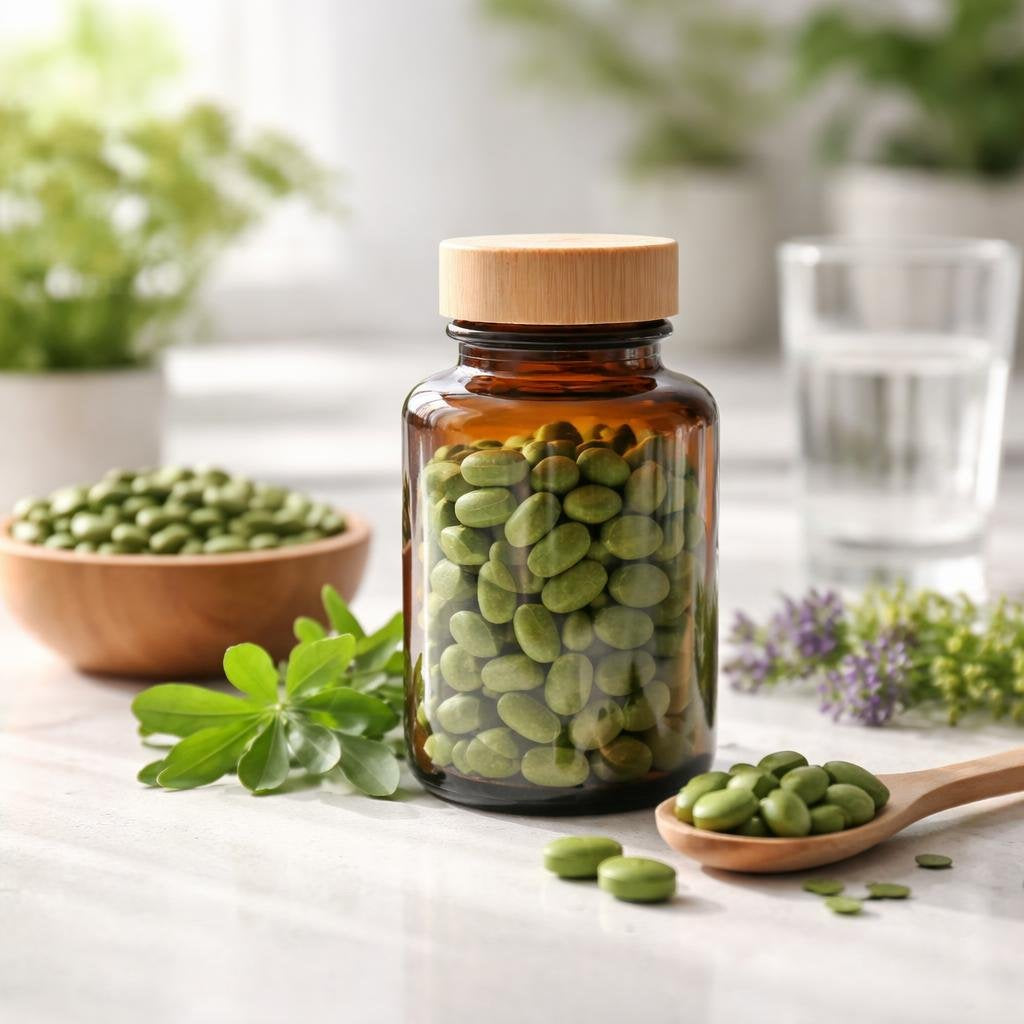 Alfalfa herbal capsules beside fresh green leaves