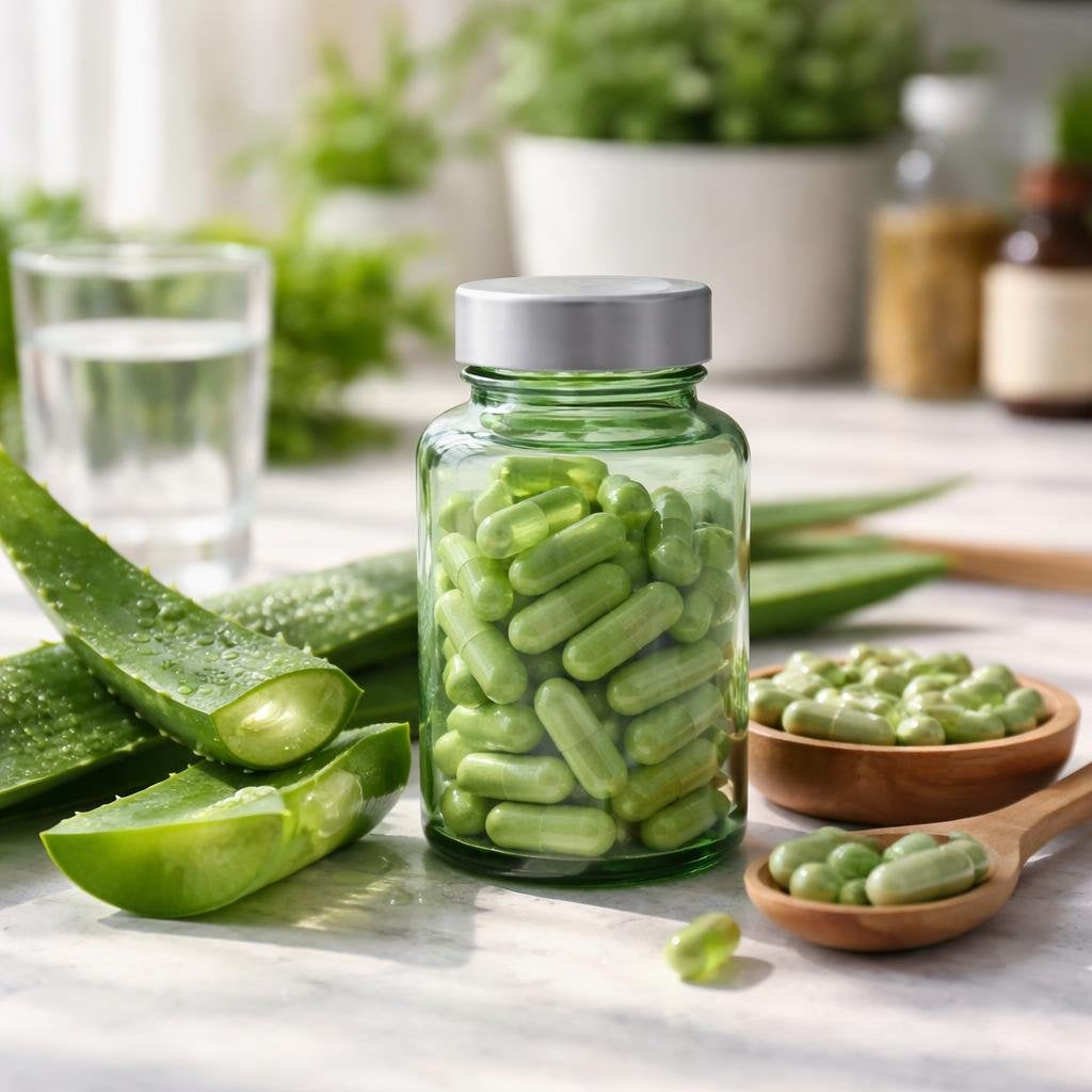 Aloe vera herbal supplement capsules and liquid formats
