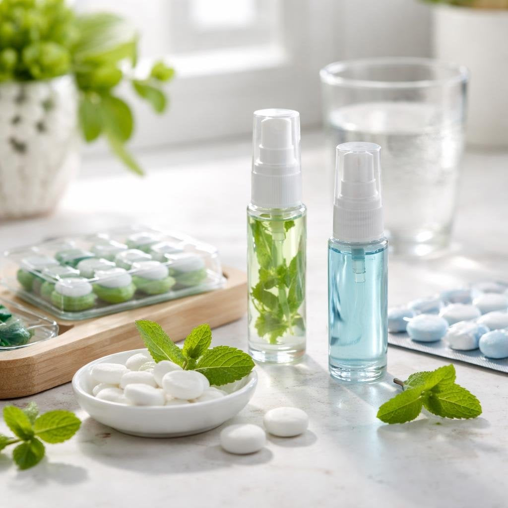 Breath fresheners including mints, strips, and oral spray