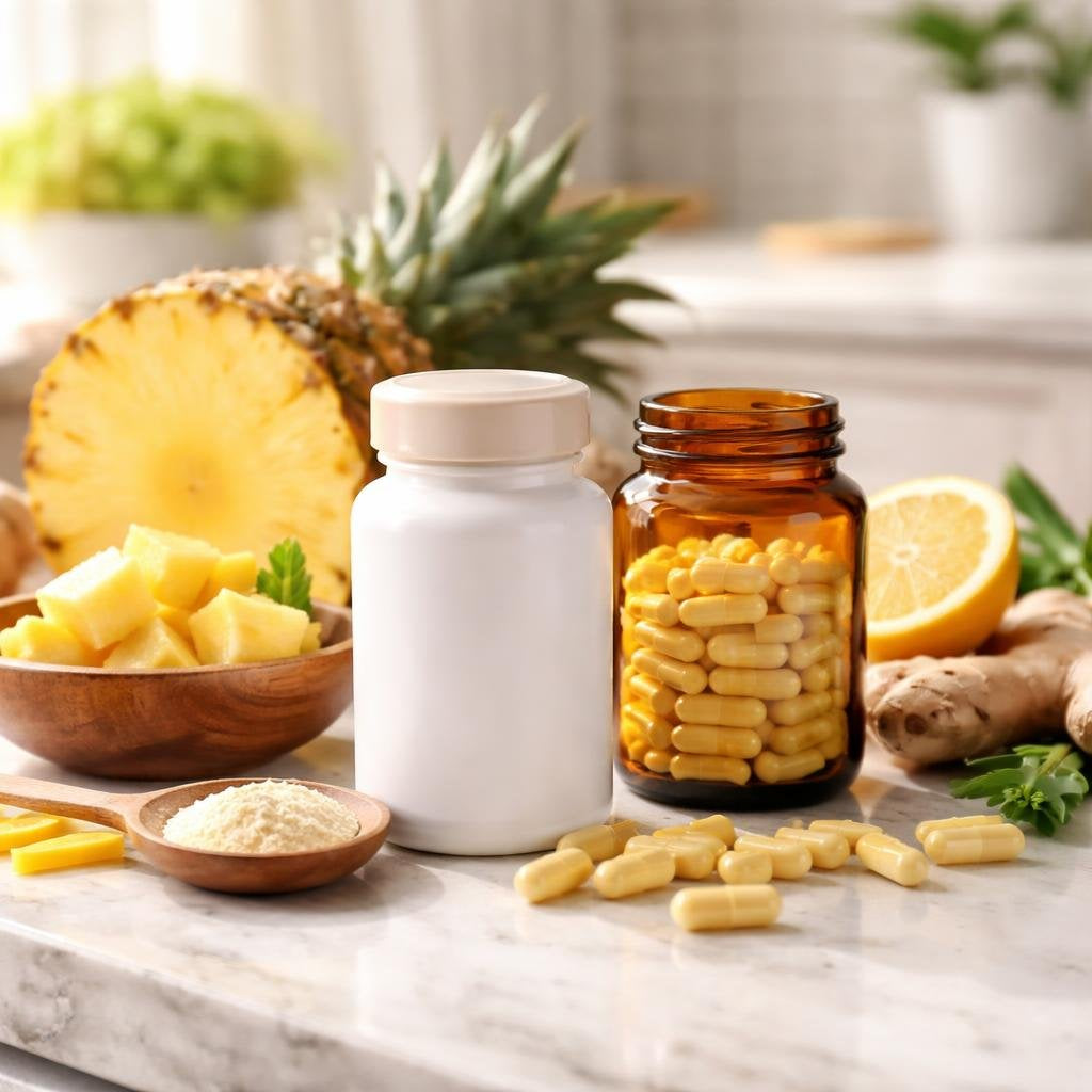 Bromelain enzyme supplement capsules and pineapple extract
