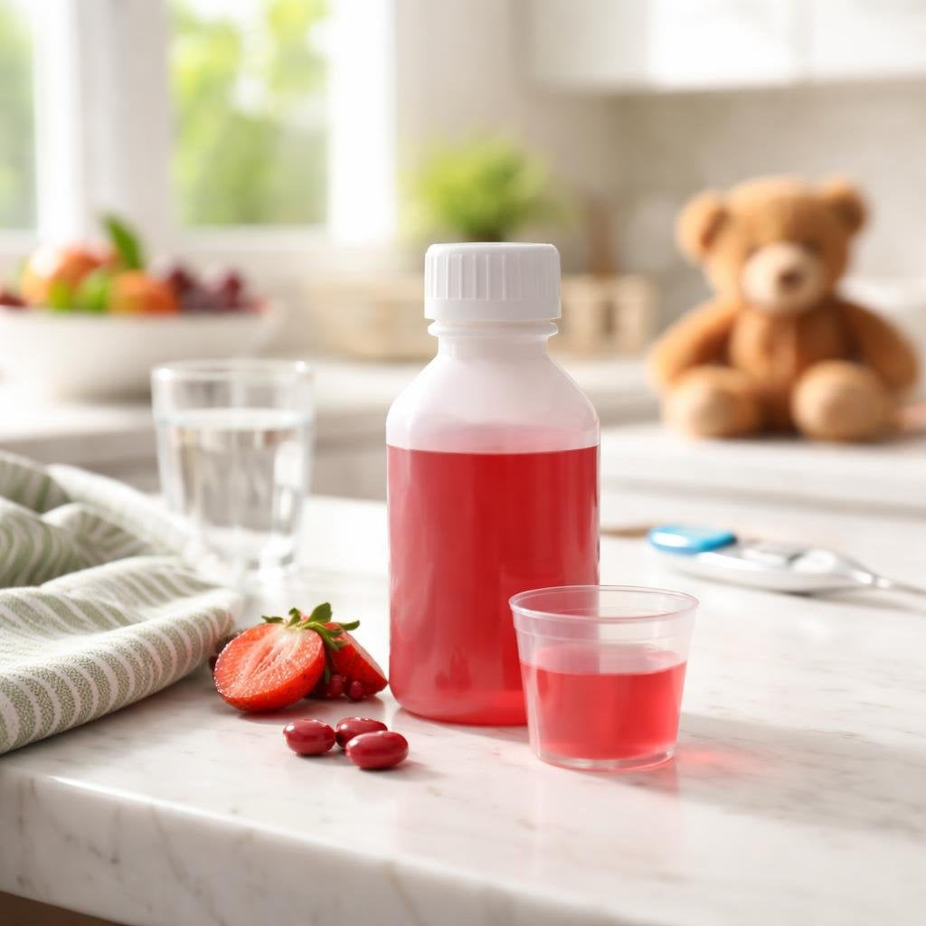 Children’s acetaminophen bottle with dosing syringe for kids