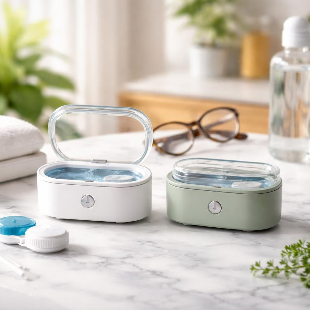 Contact lens cleaner bottles beside a clean lens case
