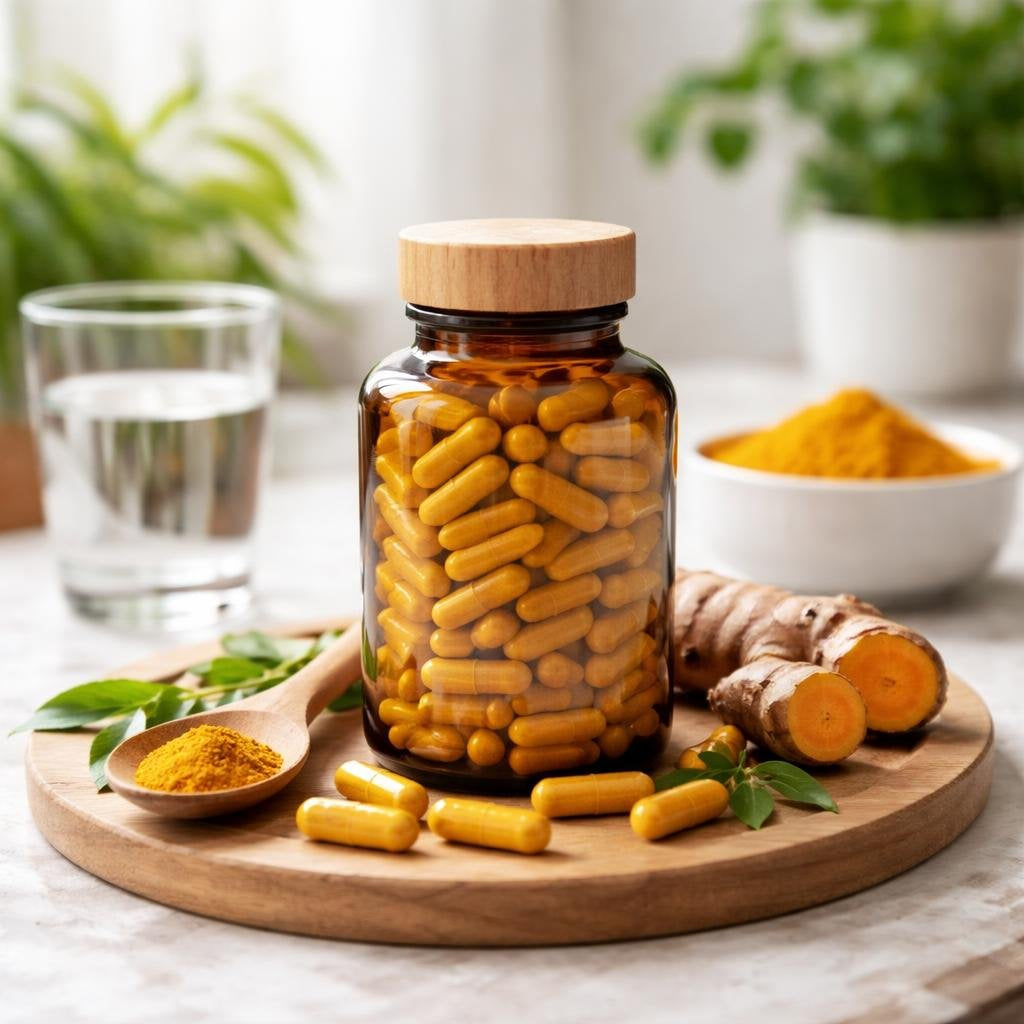 Curcumin and turmeric herbal supplement capsules assortment