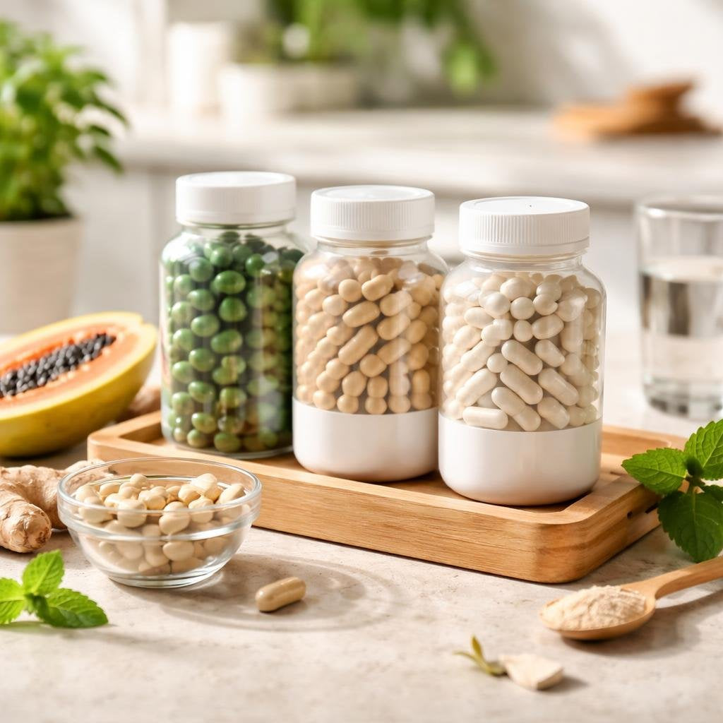 Digestive supplements with probiotics, enzymes and fibre support