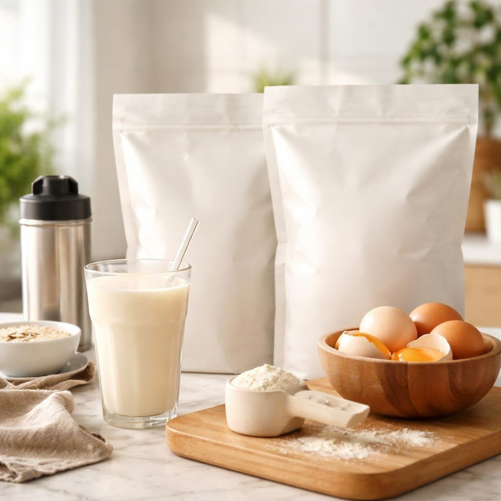 Egg white protein powder scoop beside shaker bottle