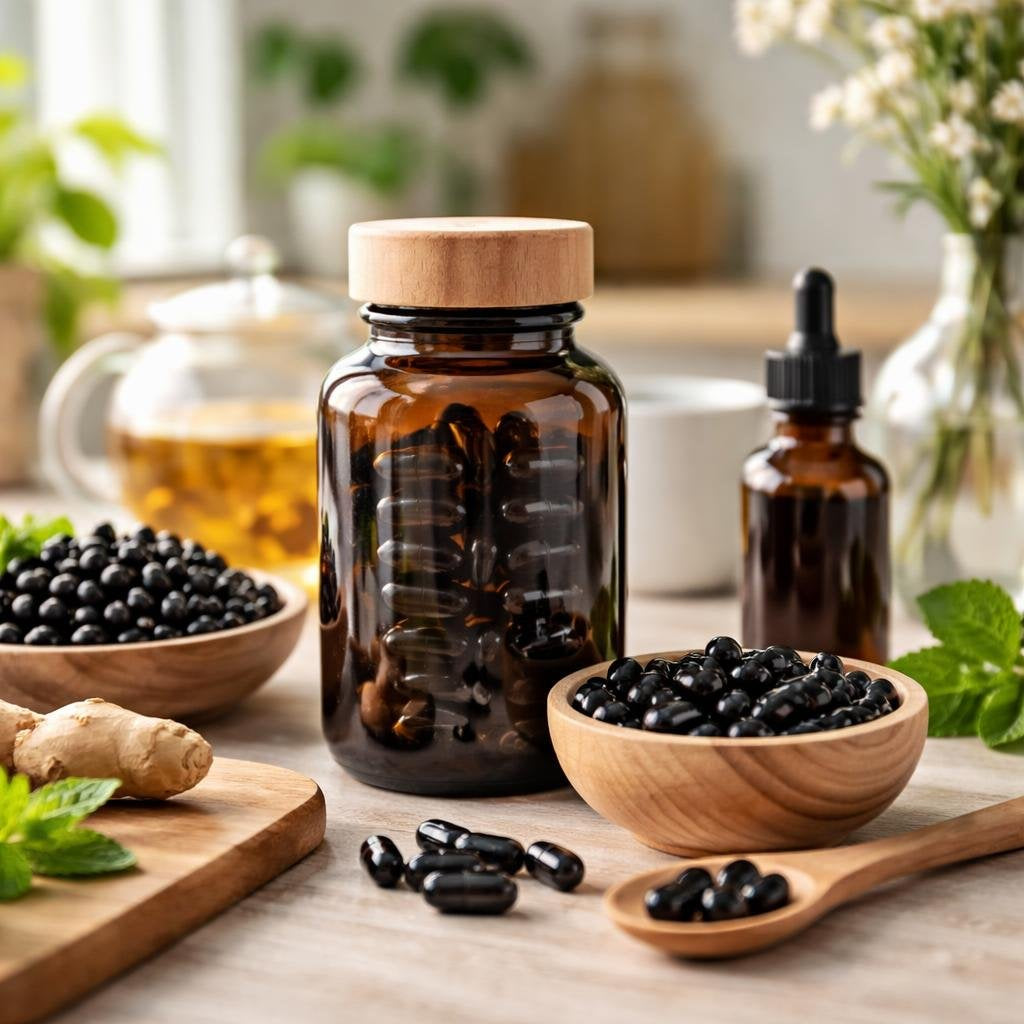 Elderberry supplements in capsules, gummies, and syrup formats