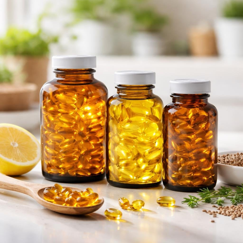Essential fatty acid omega-3 softgel supplement bottles