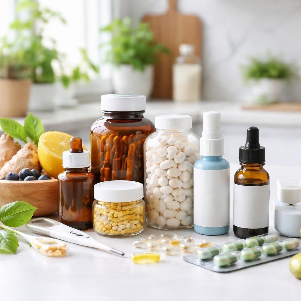 Assorted health care supplies for a home first-aid kit