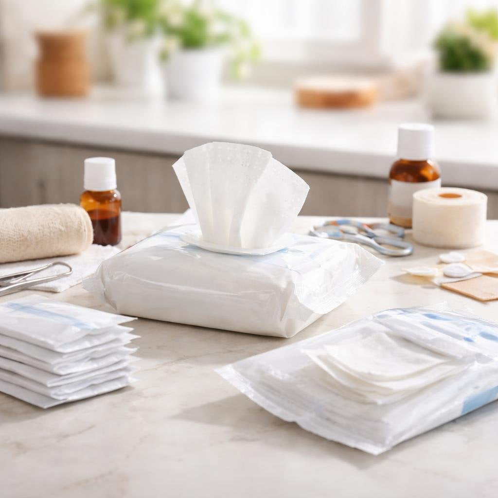Individually wrapped cleansing wipes for first aid kits