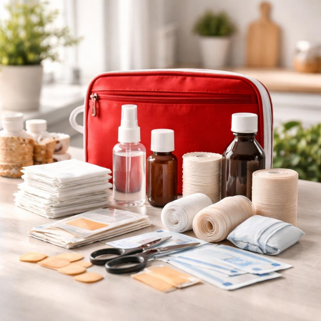 First aid supplies: bandages, gauze pads, and medical tape