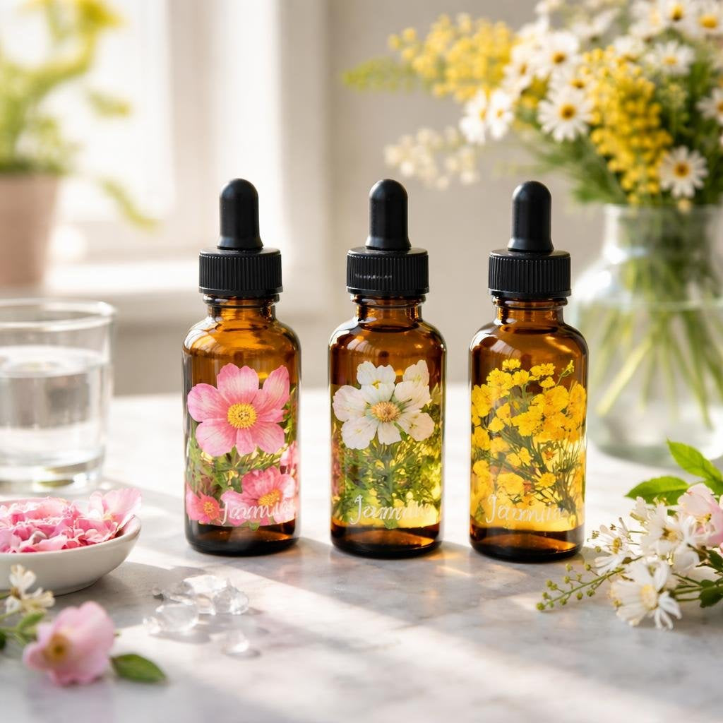 Flower essence dropper bottles for mindful daily routine