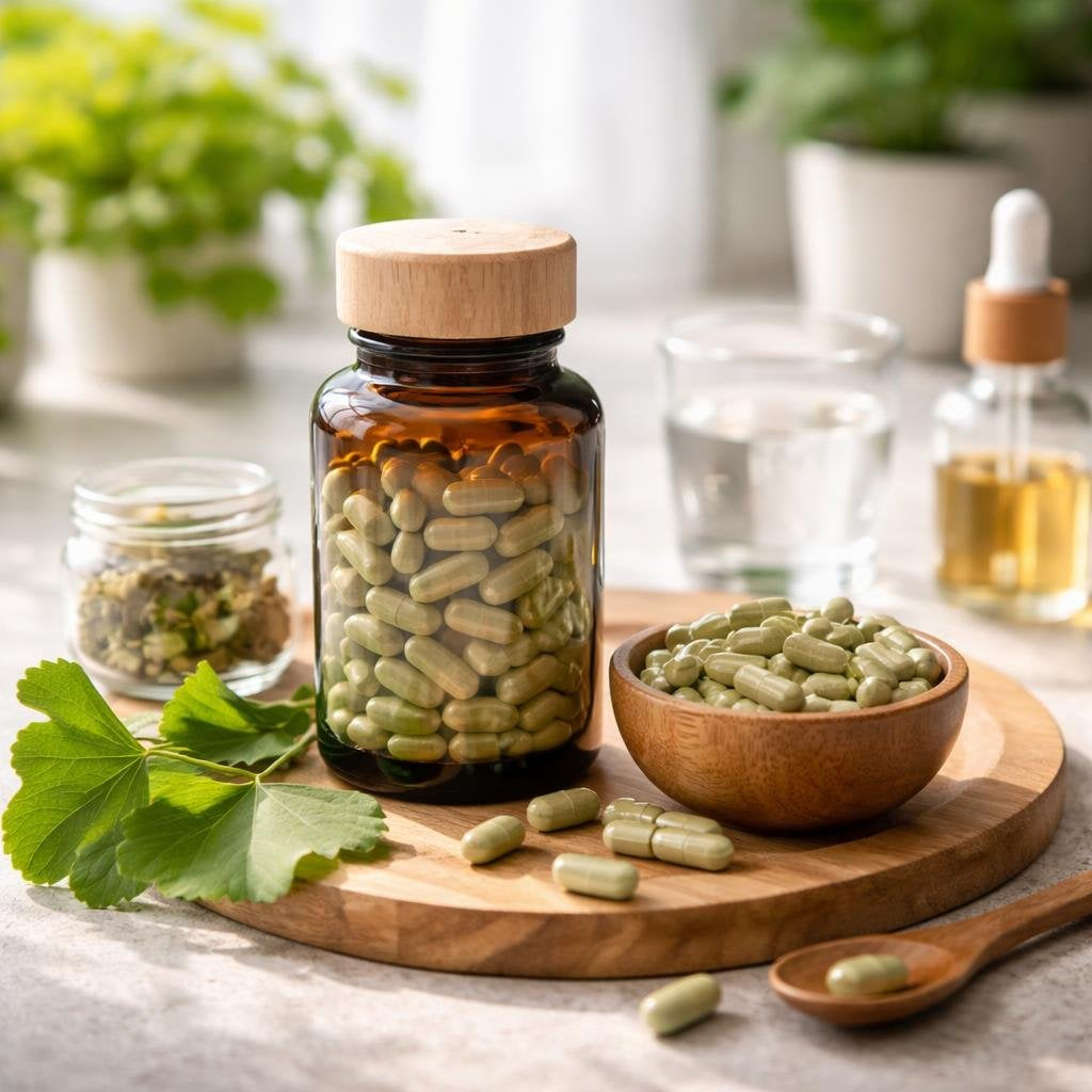 Ginkgo biloba supplement bottles with capsules and tablets