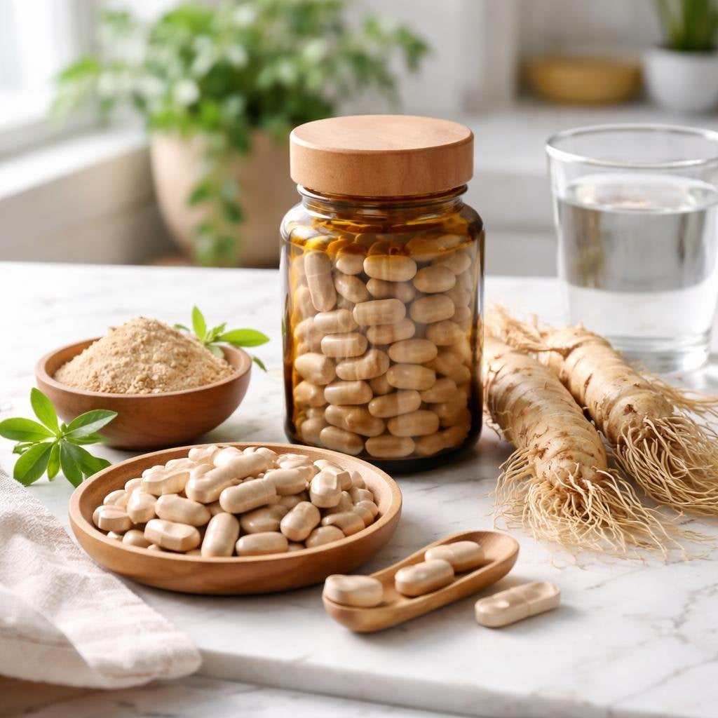 Ginseng herbal supplement bottles with clear labels