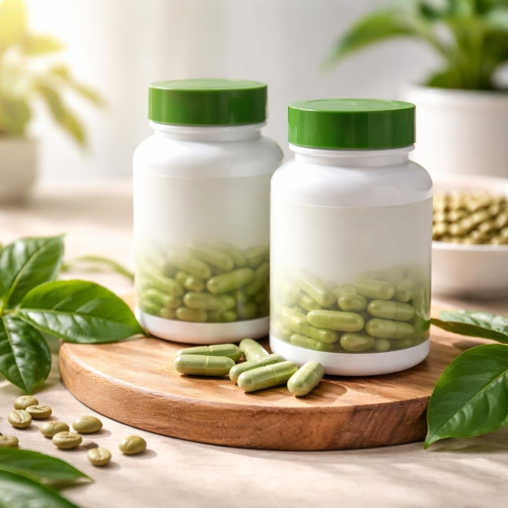 Green coffee bean extract supplement bottle and capsules