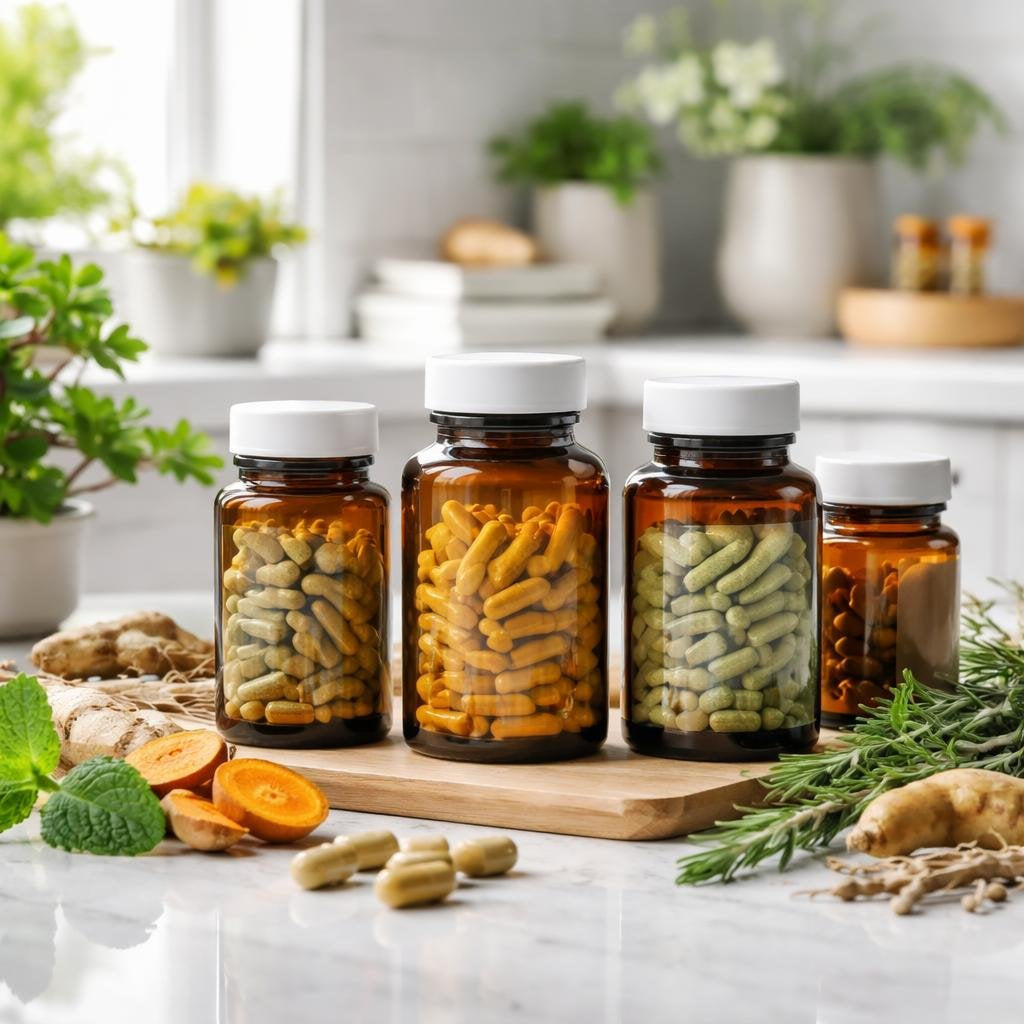 Herbal supplement bottles with labelled botanicals on table