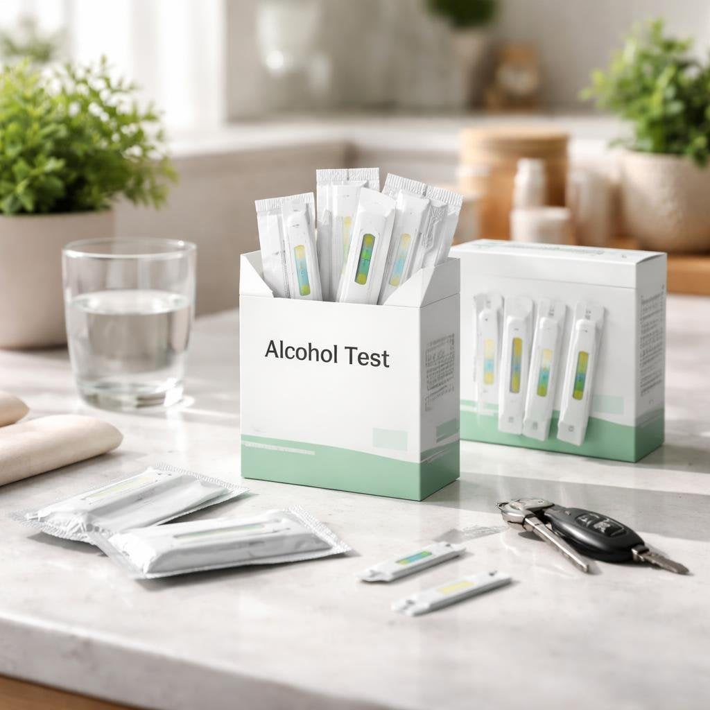 Home alcohol test kits with saliva strips and breath screening