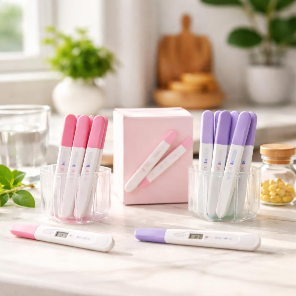Home pregnancy and ovulation test kits on counter