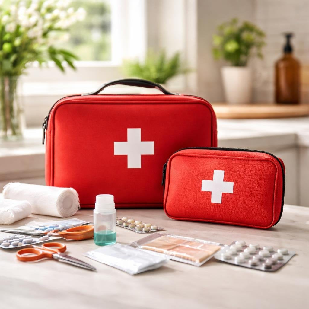 First aid kits organized for home, car, travel use