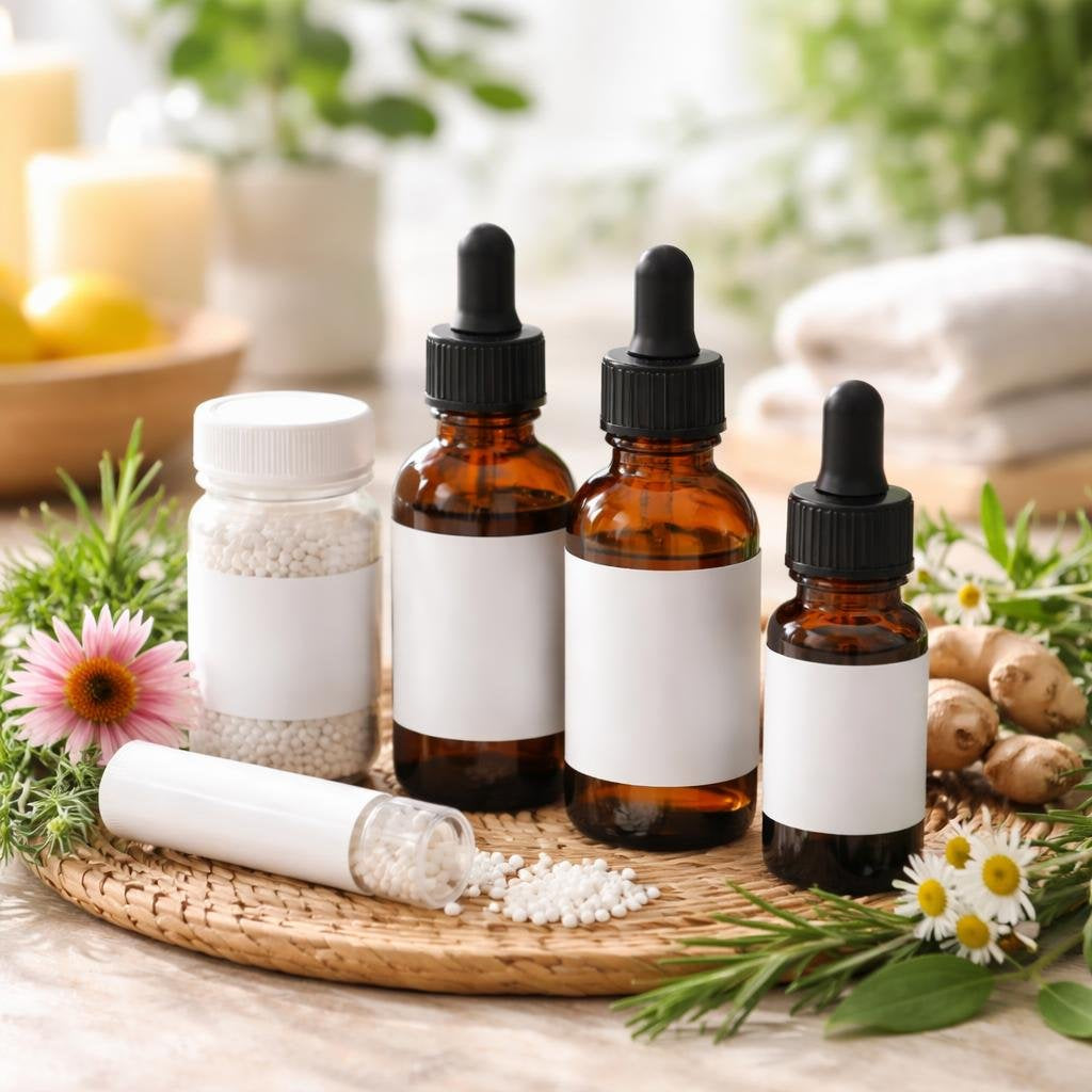 Homeopathic pain relief remedies and topical rubs assortment