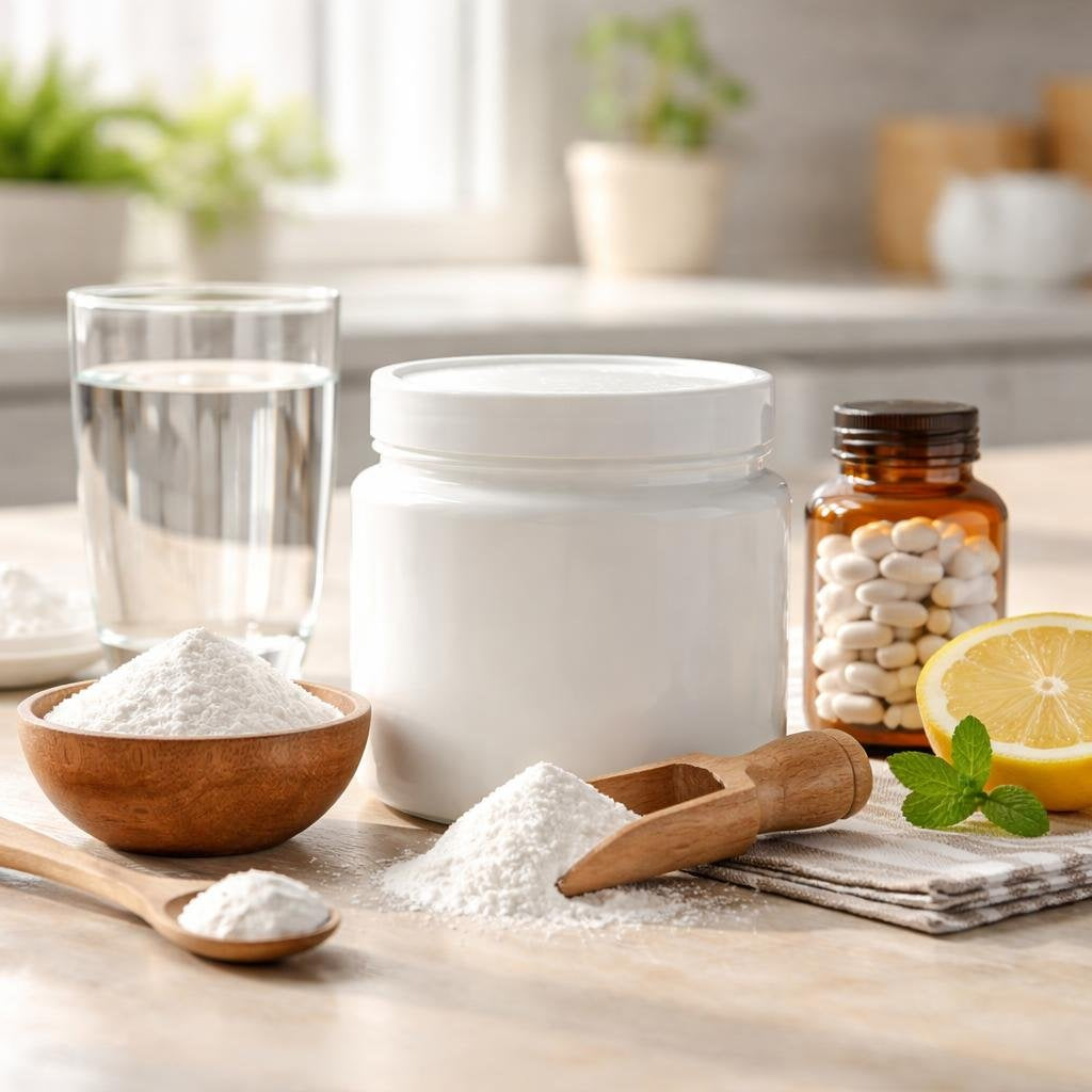 Unflavoured L-glutamine powder with scoop and shaker bottle
