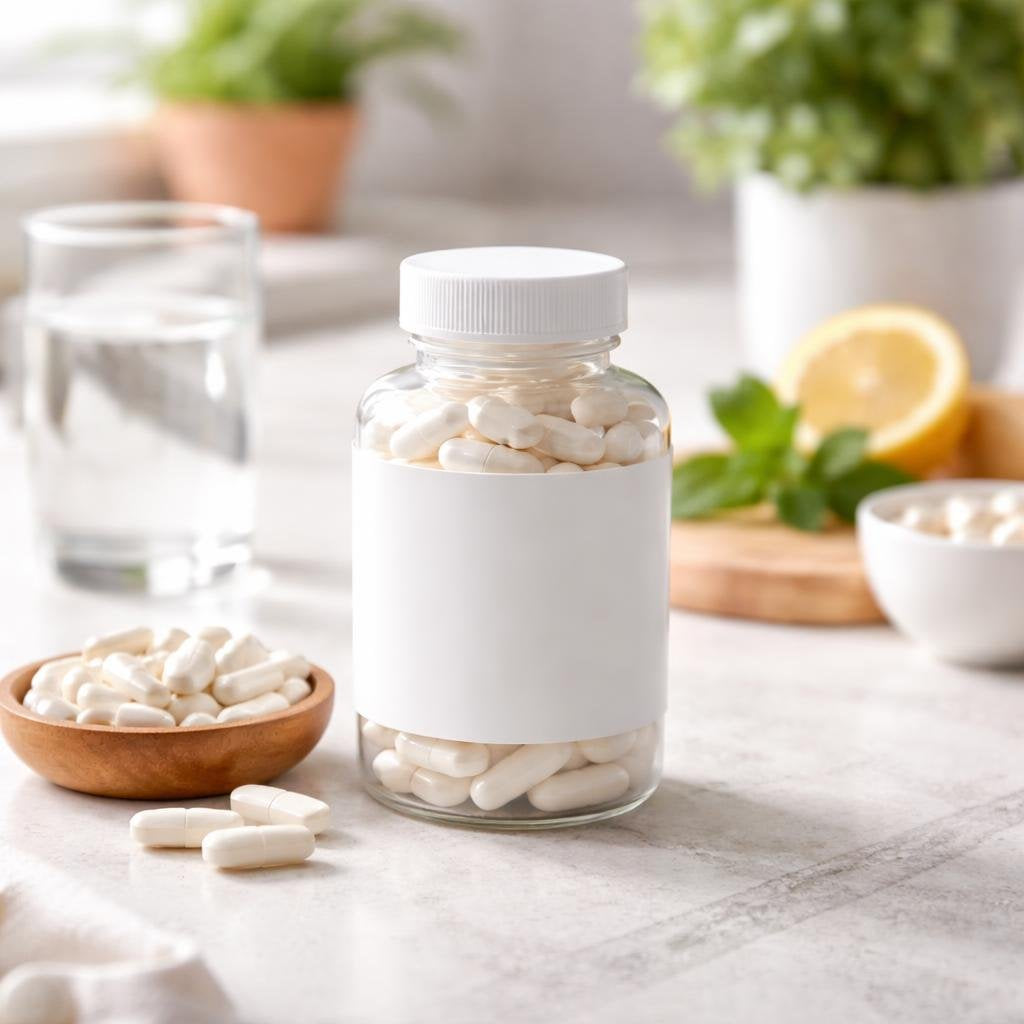 L-lysine supplement bottles and capsules for daily routine