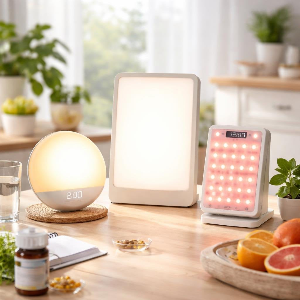 Light therapy lamp and red light panel on desk