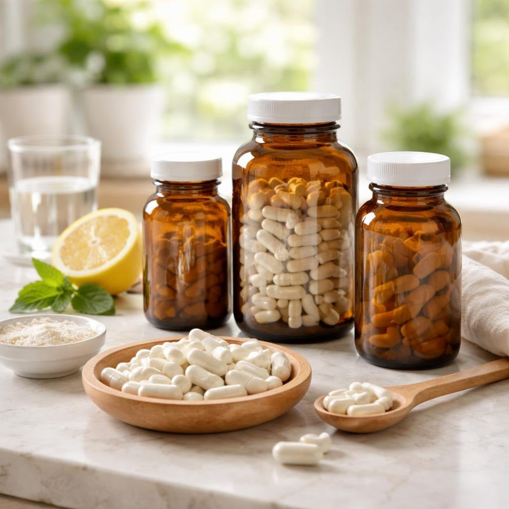Magnesium mineral supplement bottles and capsules on white