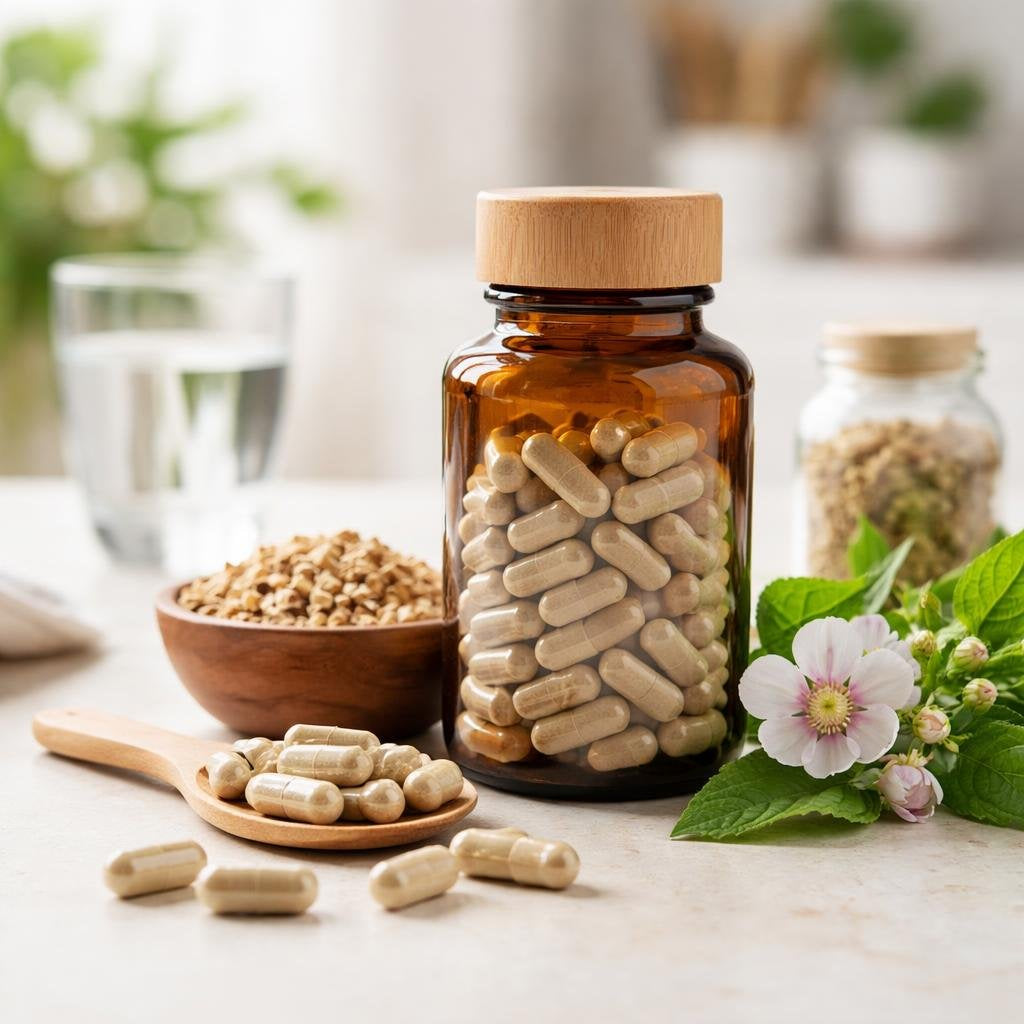 Marshmallow root herbal supplement capsules on white background