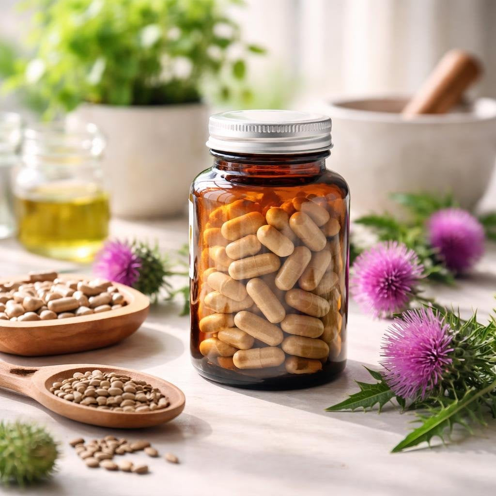 Milk thistle capsules showing standardized silymarin extract