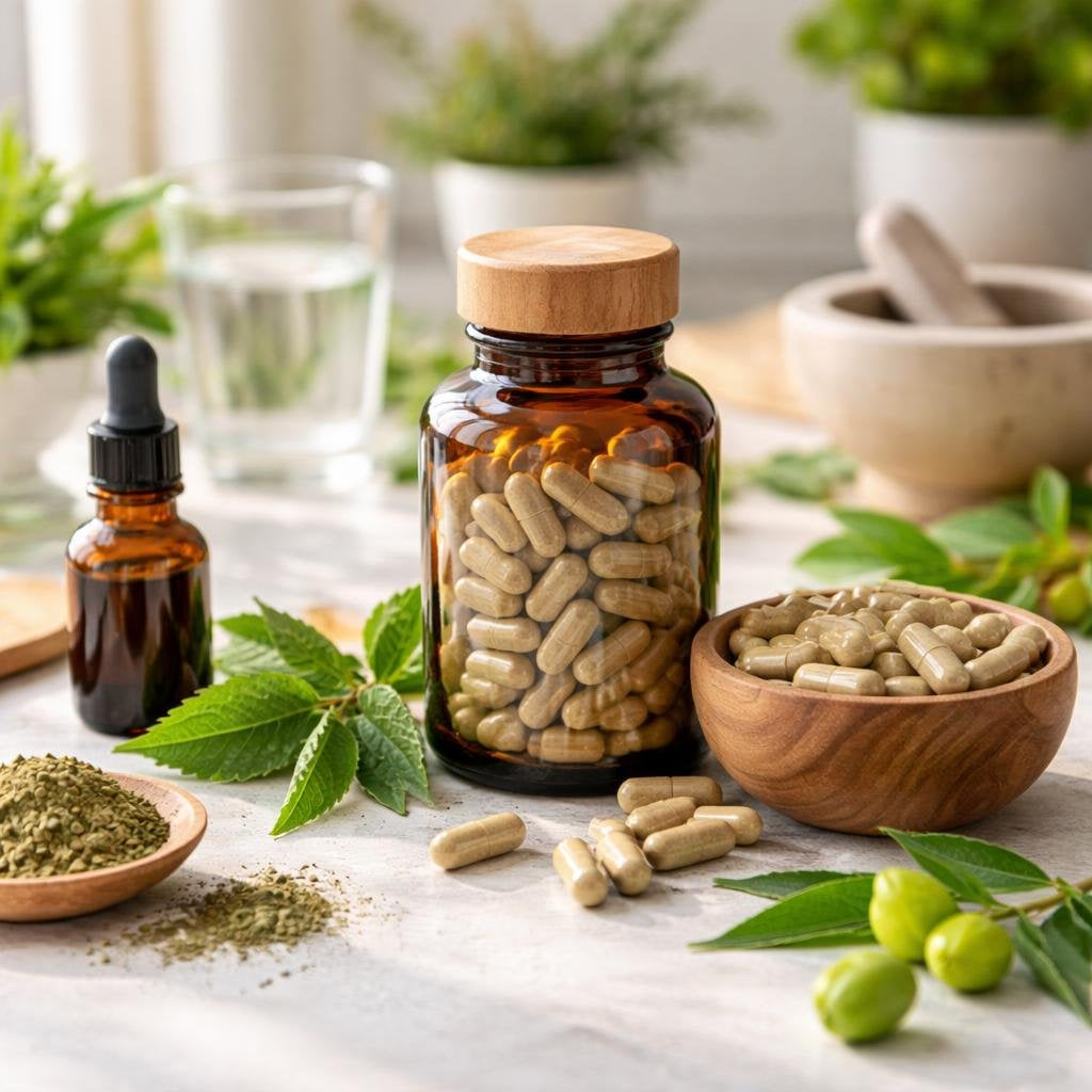 Neem herbal supplement capsules with neem leaves