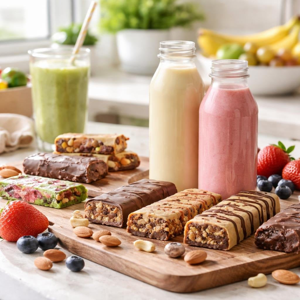 Assorted nutrition bars and ready-to-drink protein shakes