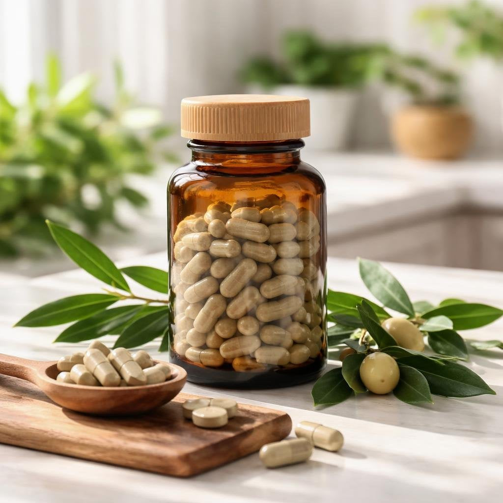 Olive leaf extract capsules beside glass dropper bottle