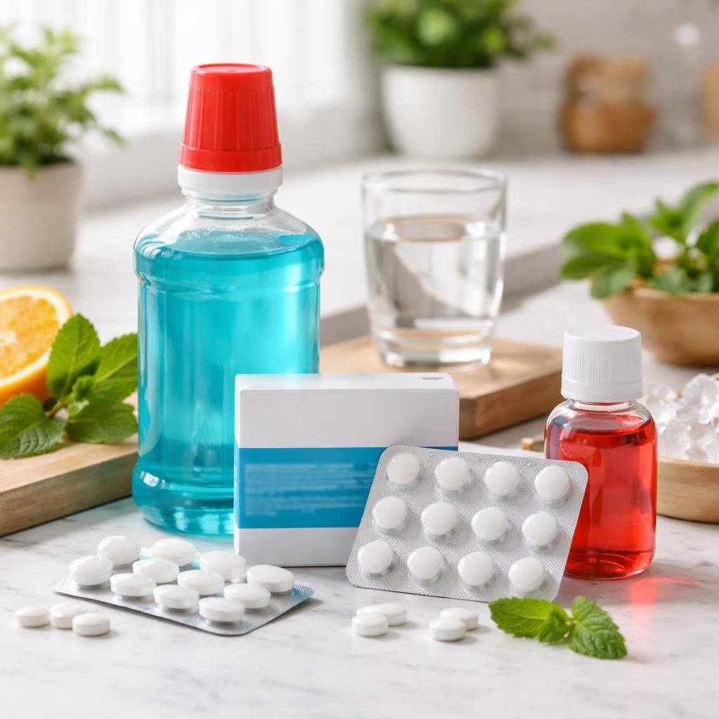 Oral pain relief medications for toothache and sore throat