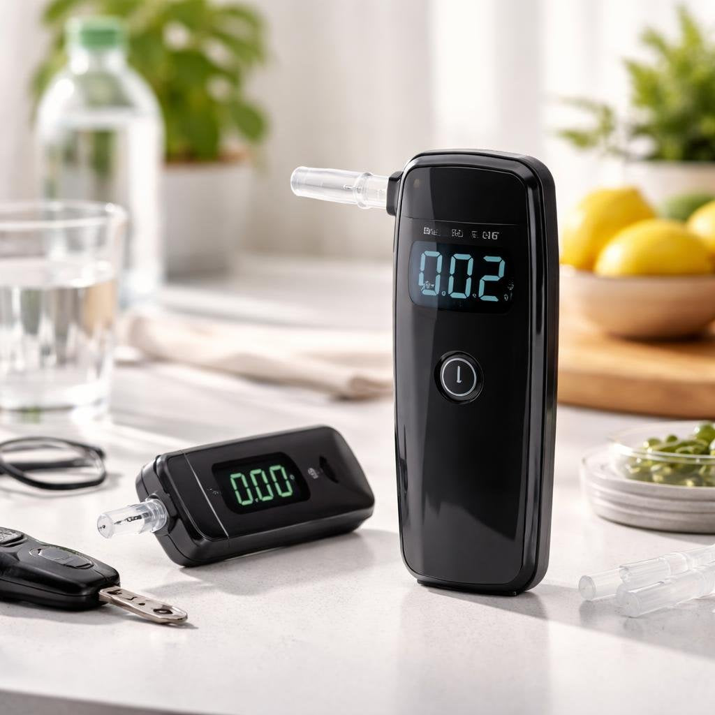 Portable personal breathalyzer showing a clear digital BAC reading