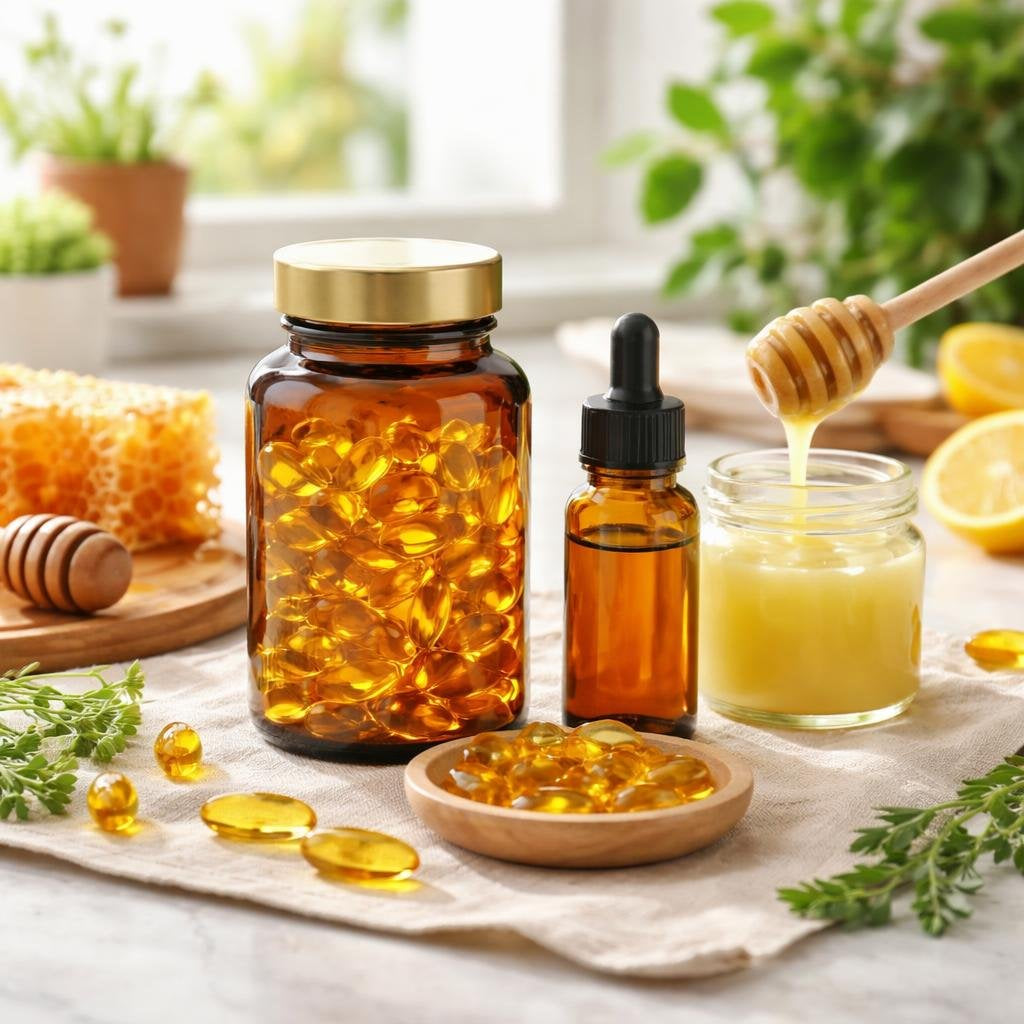 Royal jelly supplement capsules and softgels assortment