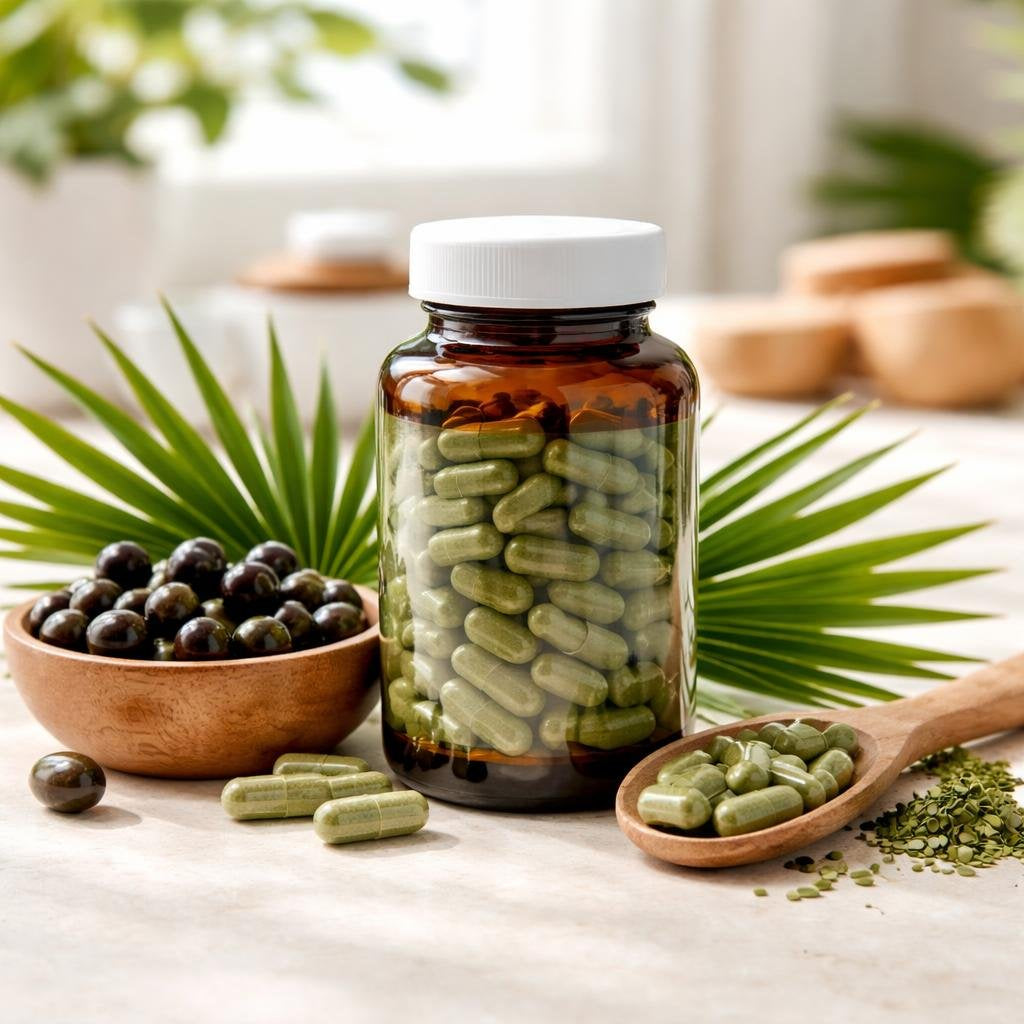 Saw palmetto herbal supplements in capsules and softgels