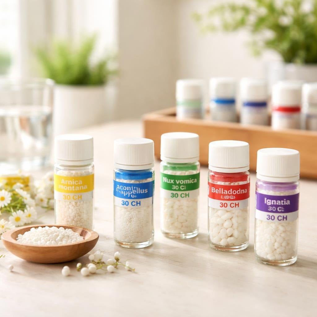 Single homeopathic remedy pellets and labelled dropper bottles