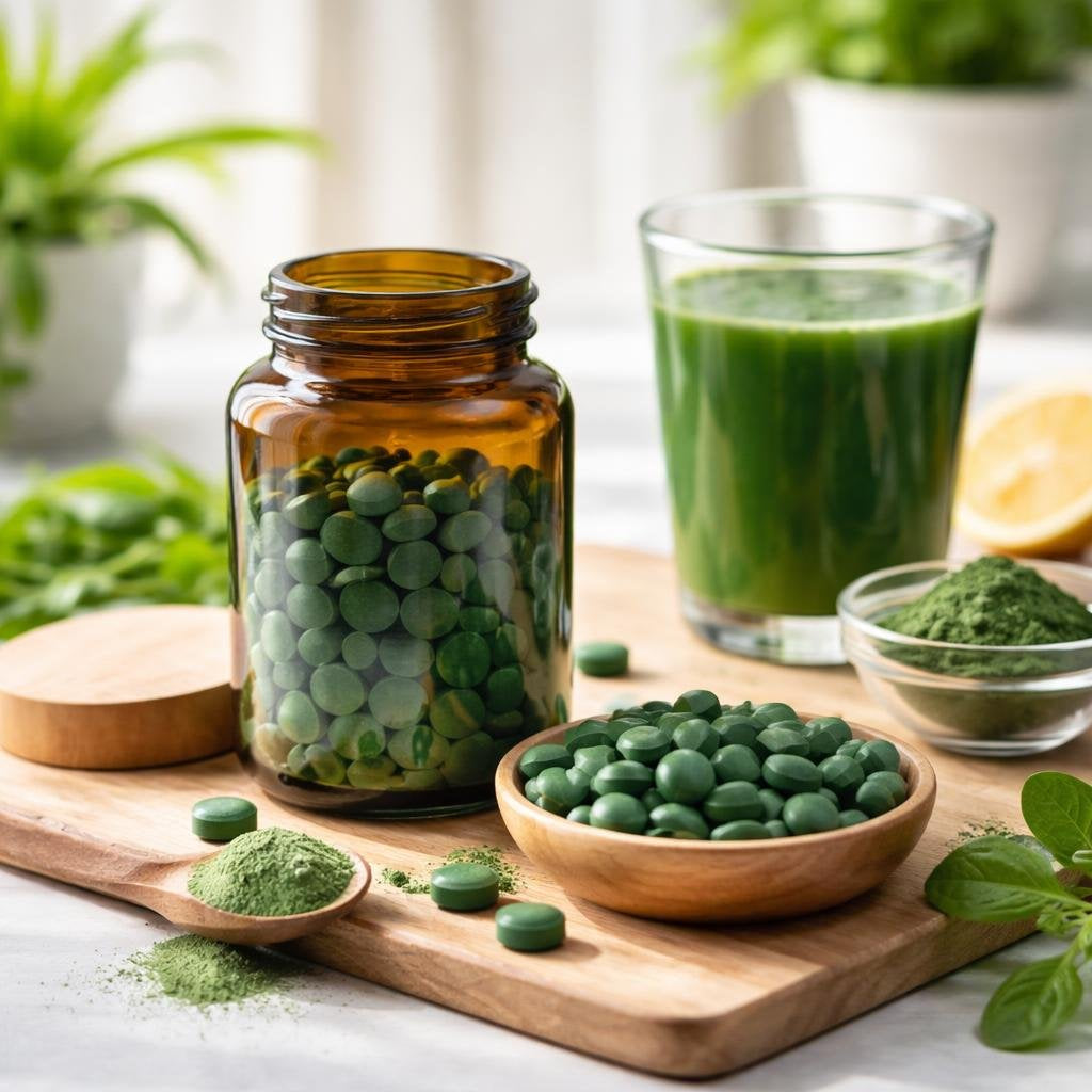 Spirulina powder, tablets, and capsules collection lineup