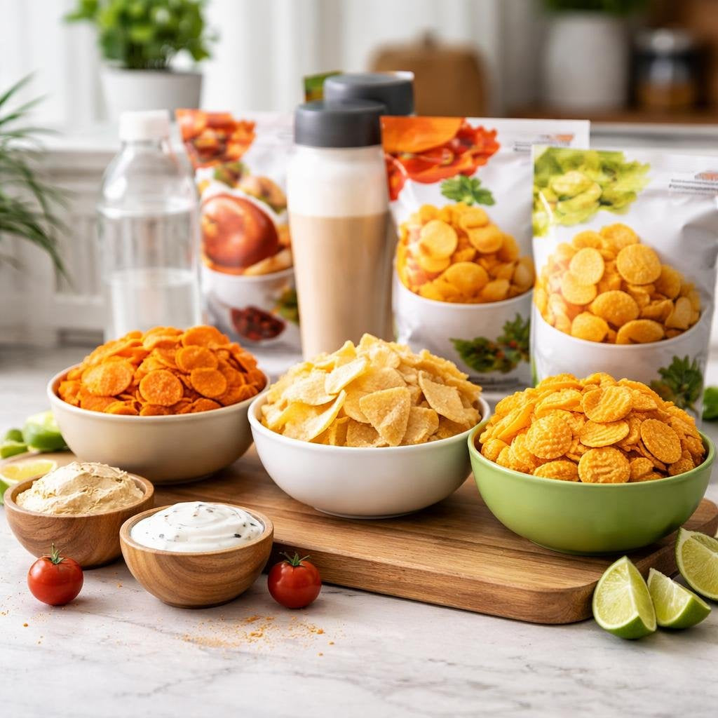 Crunchy sports nutrition chips and crisps snack selection