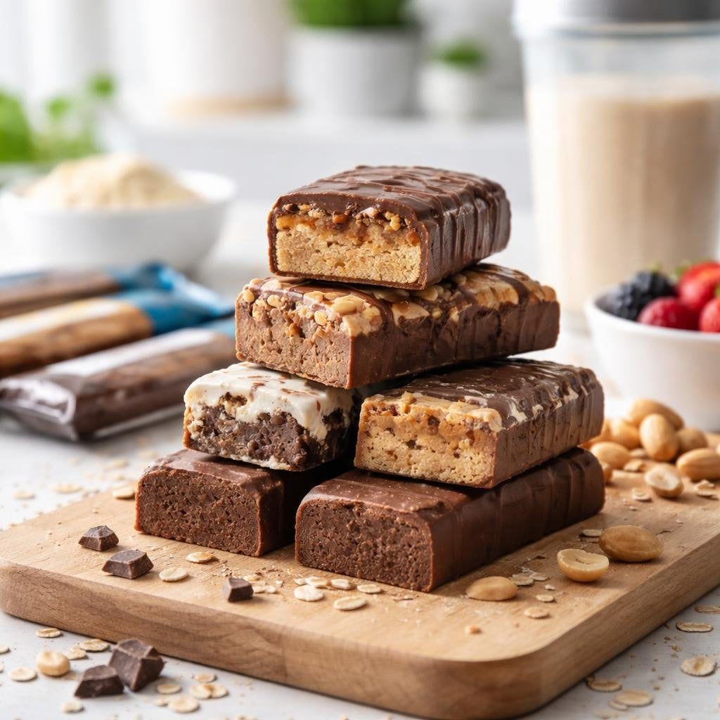 Assorted high protein sports nutrition bars on a counter