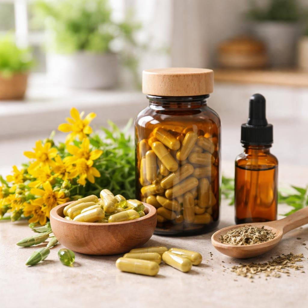 St. John’s Wort herbal supplement capsules on label