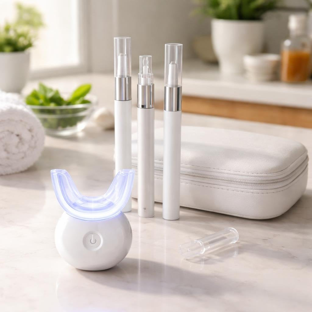 At-home teeth whitening kit with LED tray and gel