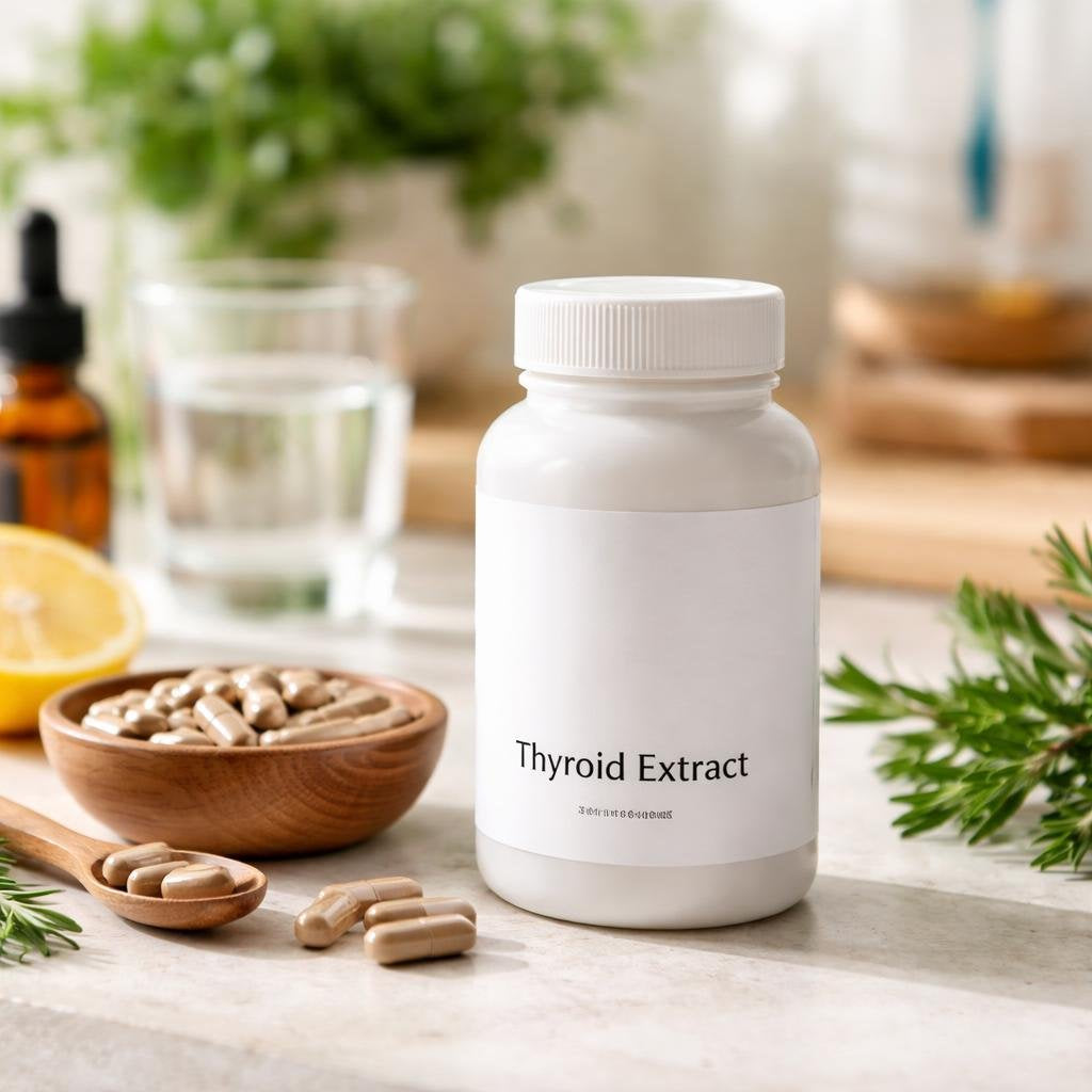 Thyroid extract supplements with capsules and labeled bottles