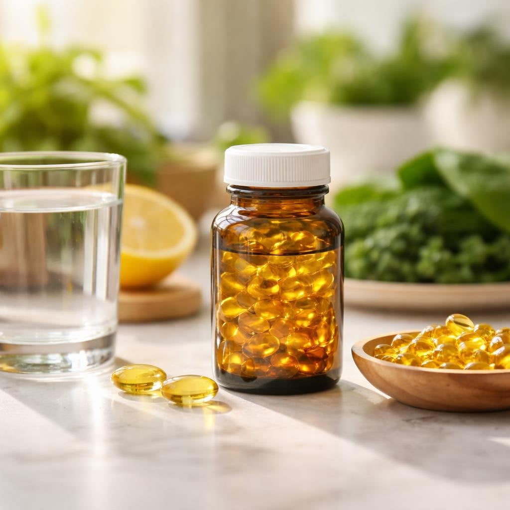Vitamin K1 supplement bottles on a clean countertop