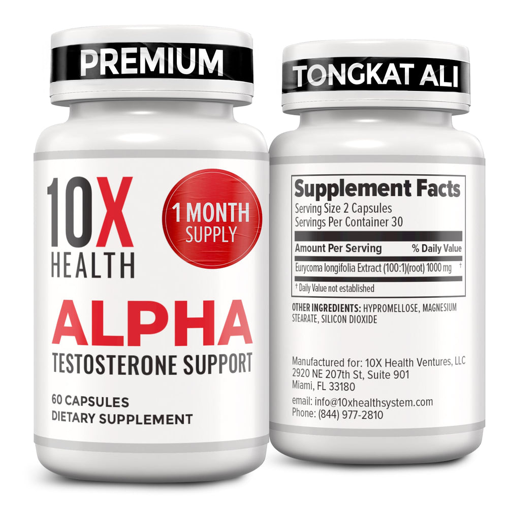 10X Health Alpha Testosterone Supplement bottle front, promoting vitality and endurance.