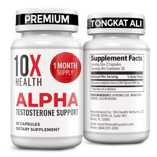 10X Health Alpha Testosterone Supplement bottle front, promoting vitality and endurance.