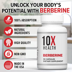 10X Health Berberine packaging box emphasizes premium formulation and safety.