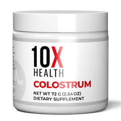 10X Health Bovine Colostrum Powder bottle highlights convenient daily immune support