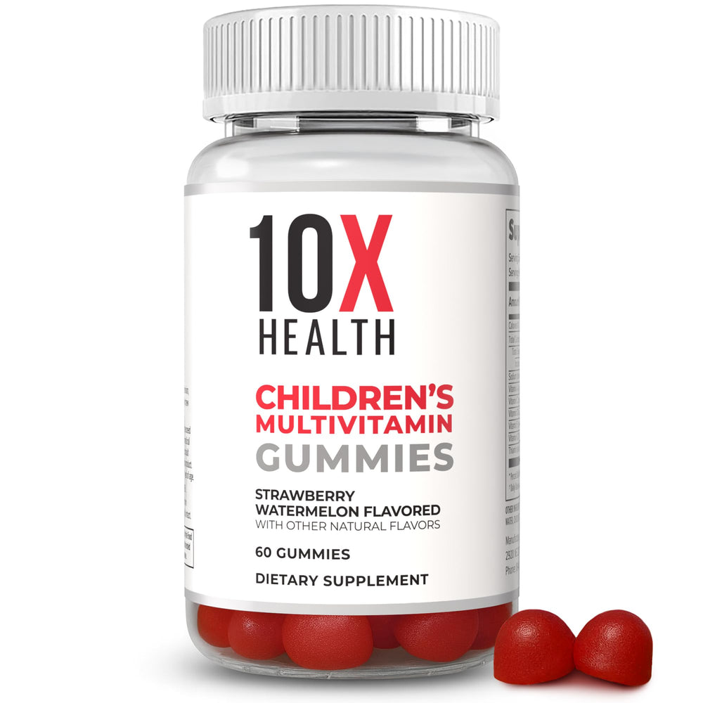 10X Health Children's methylated multivitamin gummies bottle supports daily wellness.