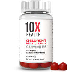 10X Health Children's methylated multivitamin gummies bottle supports daily wellness.